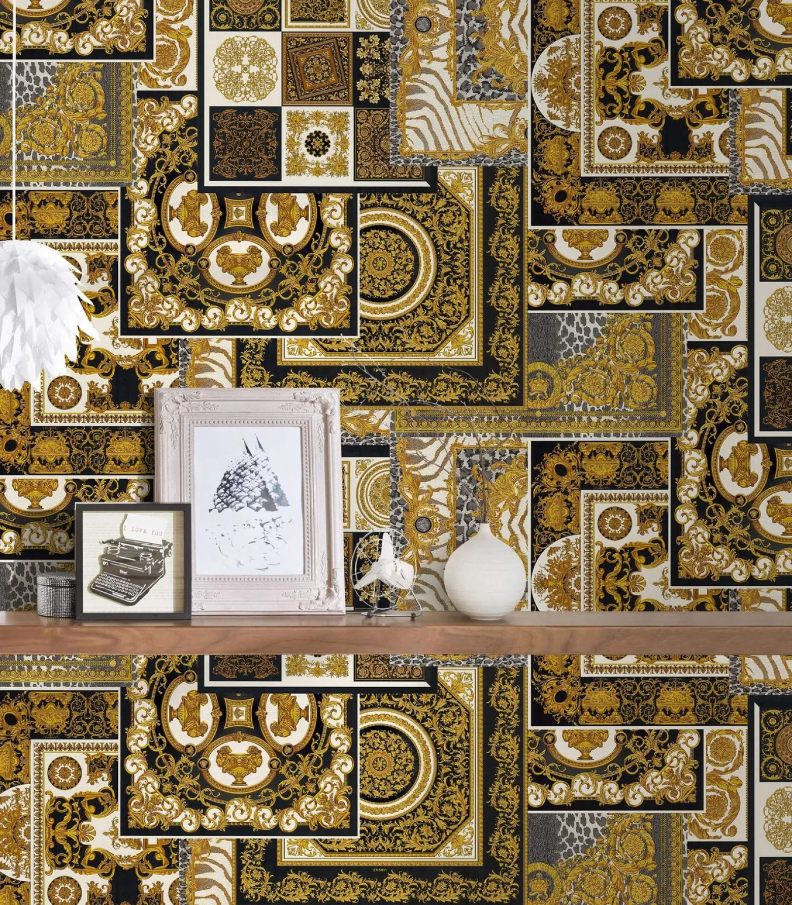 Tapete Versace Home Kacheln schwarz gold Metallic 370483