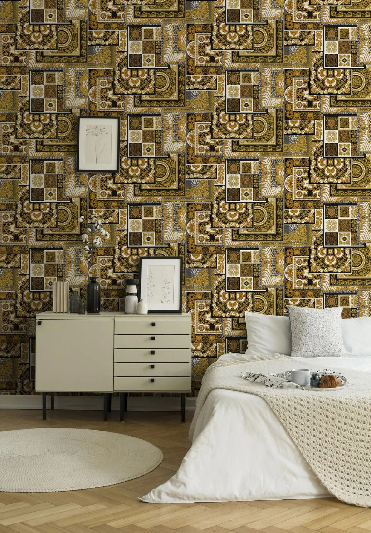 Tapete Versace Home Kacheln schwarz gold Metallic 370483