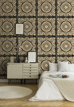 Tapete Versace Home Kacheln schwarz Metallic 370553