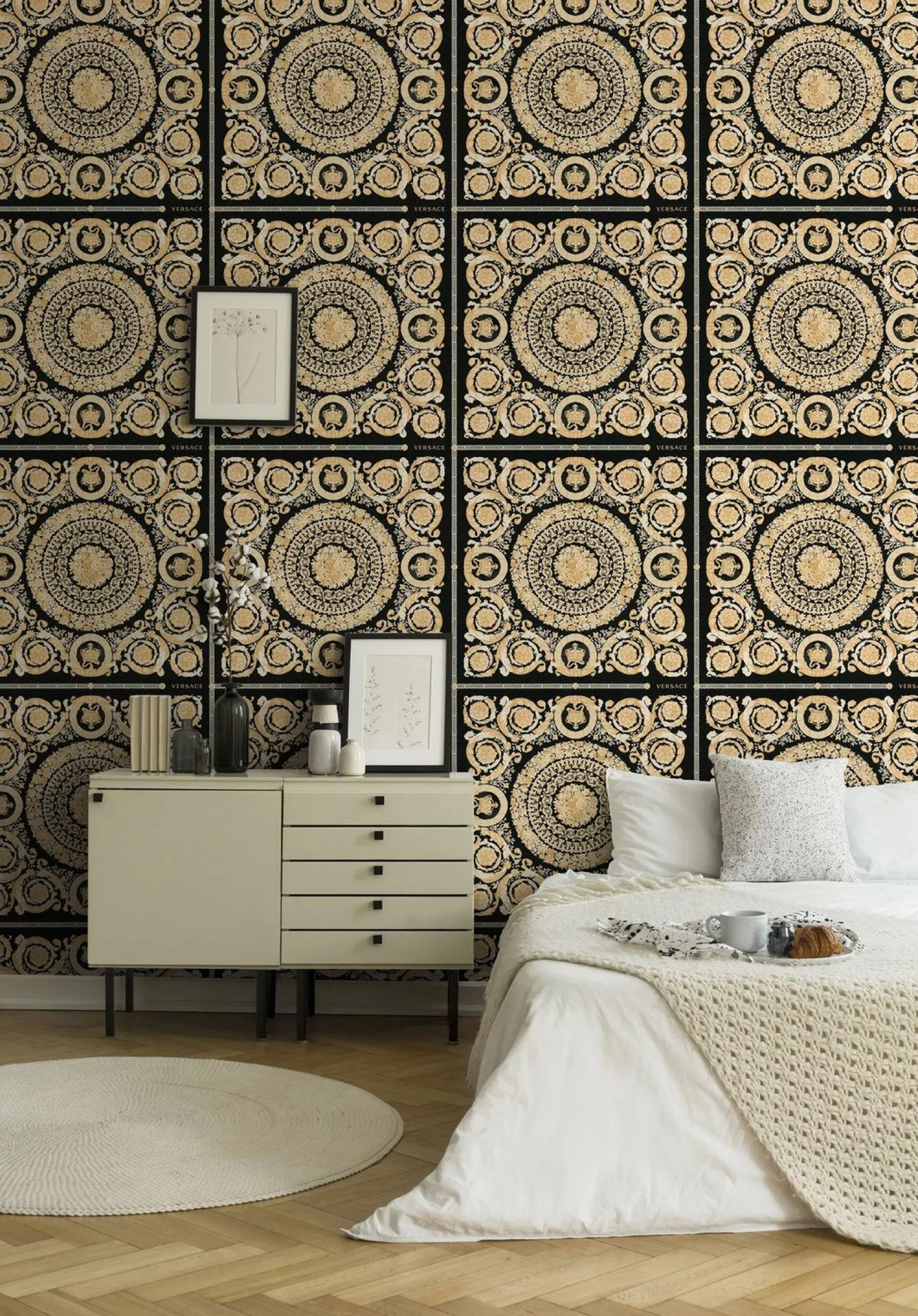 Tapete Versace Home Kacheln schwarz Metallic 370553