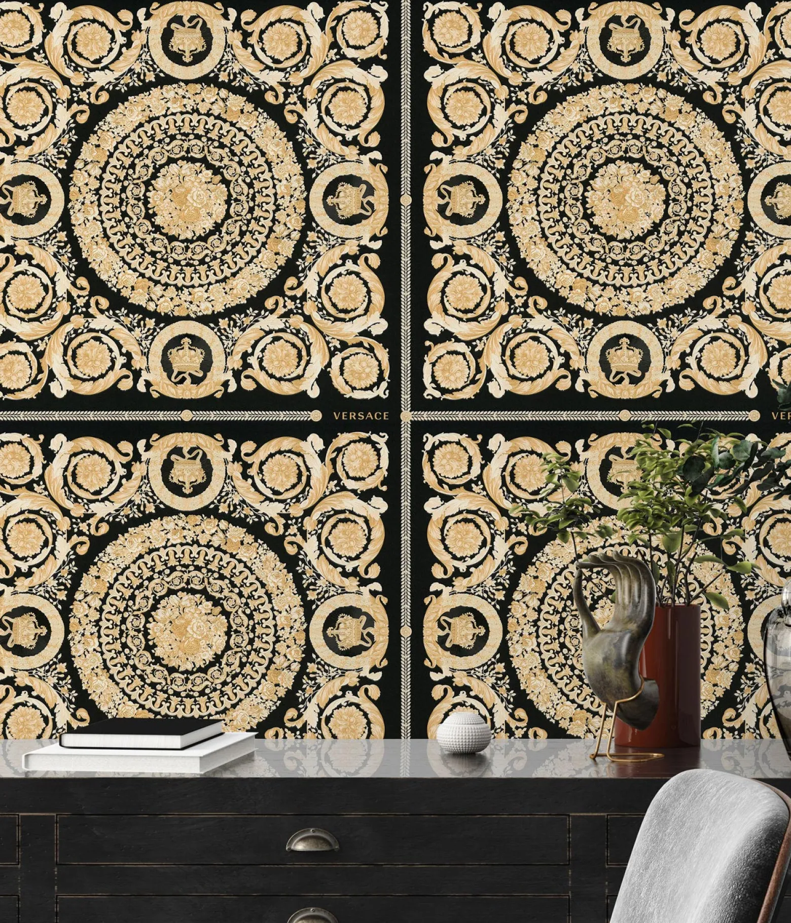Tapete Versace Home Kacheln schwarz Metallic 370553