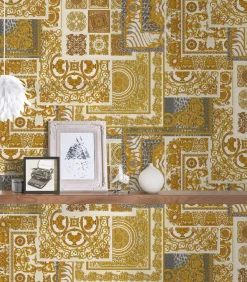 Tapete Versace Home Kacheln weiß gold Metallic 370484