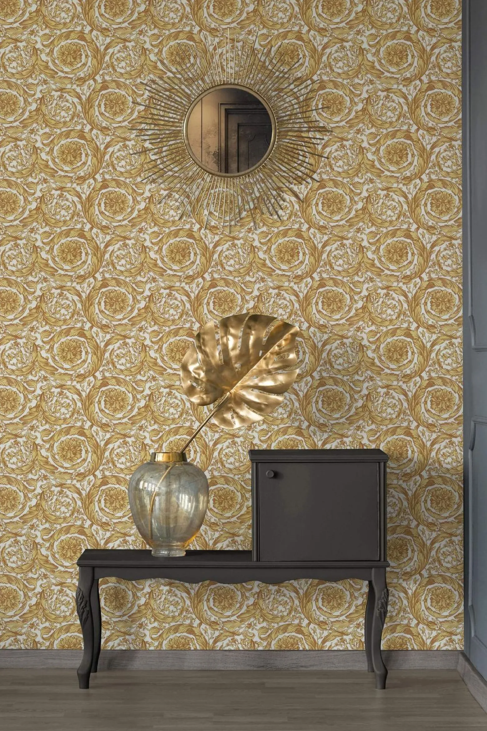 Tapete Versace Home Kranzornament weiß gelb 366925