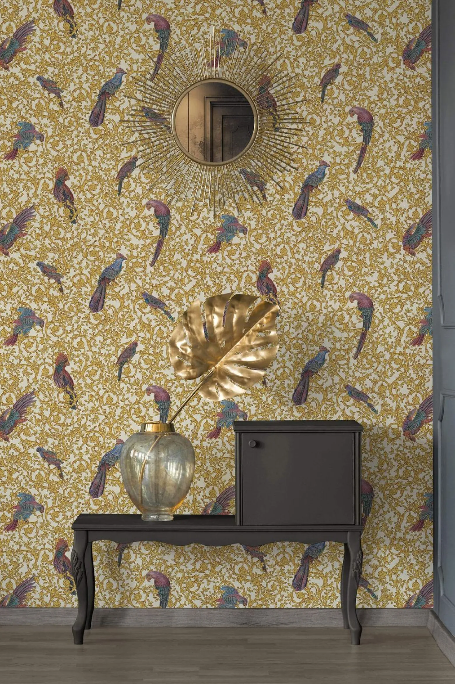 Tapete Versace Home Ornament Vögel weiß Metallic 370532