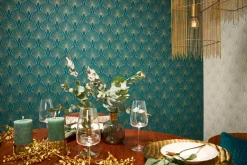 Vliestapete Art Deco türkis gold Metallic 37427-5