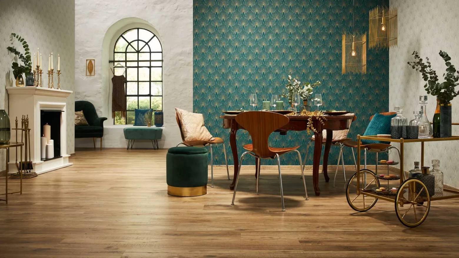 Vliestapete Art Deco türkis gold Metallic 37427-5