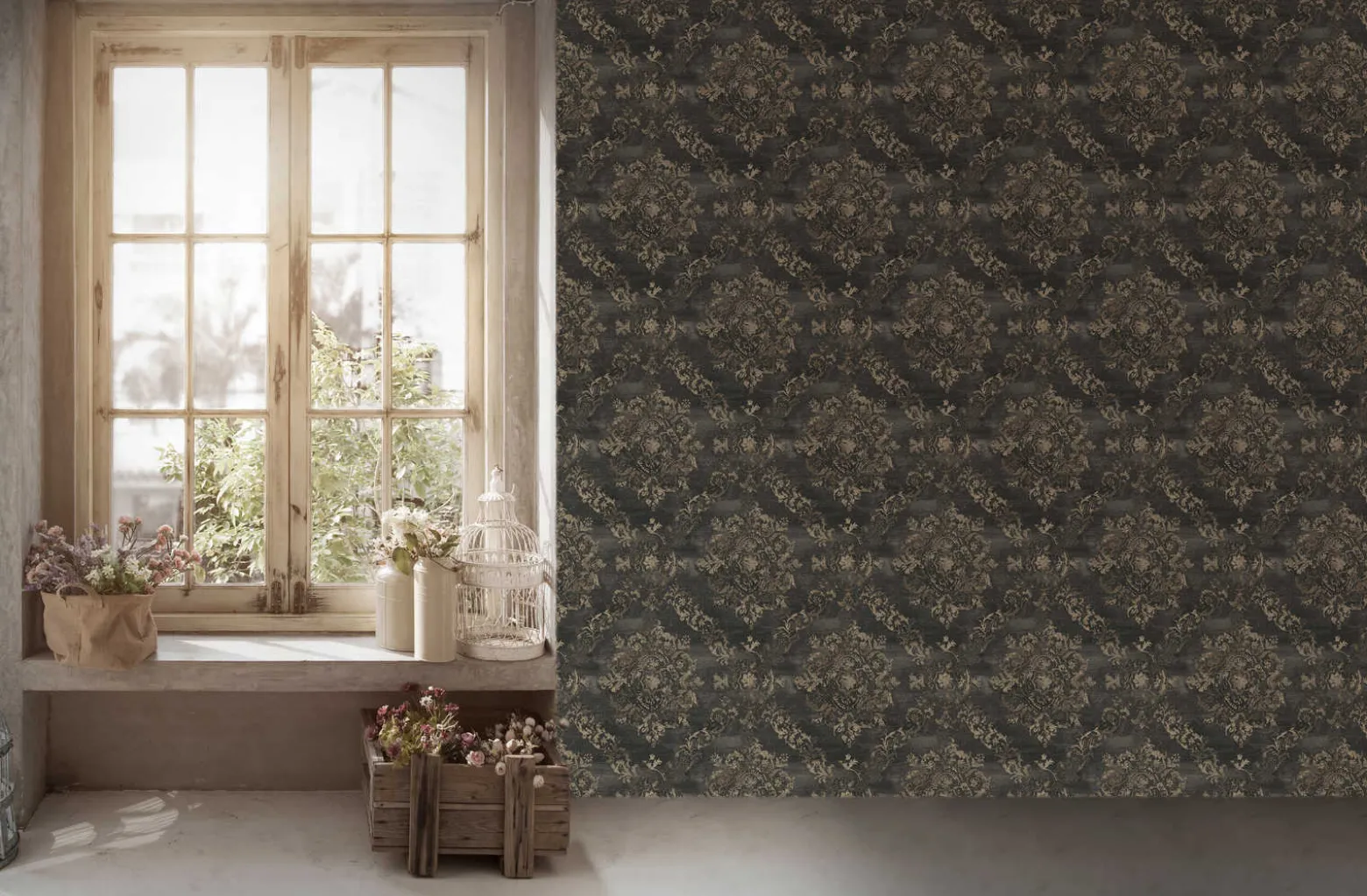Vliestapete Barock-Design anthrazit beige 38707-4
