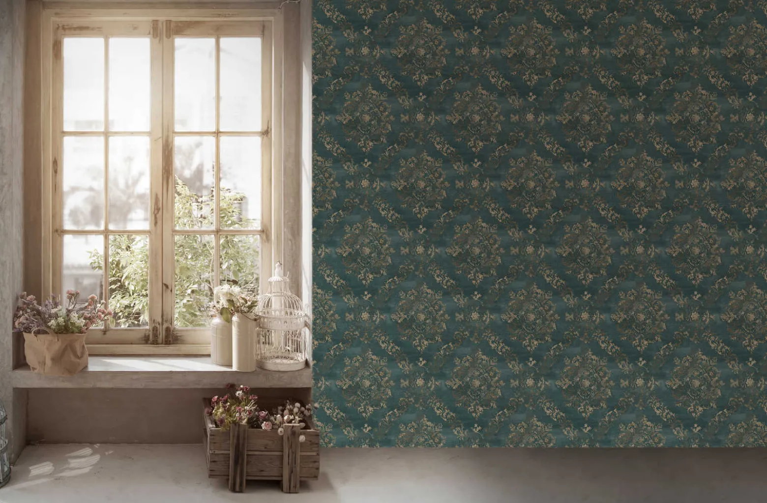 Vliestapete Barock-Design petrol gold 38707-3