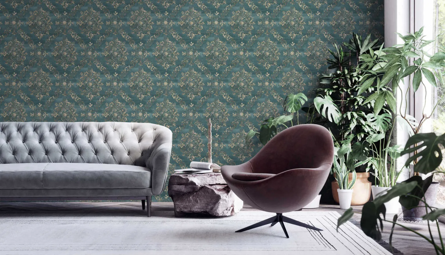 Vliestapete Barock-Design petrol gold 38707-3