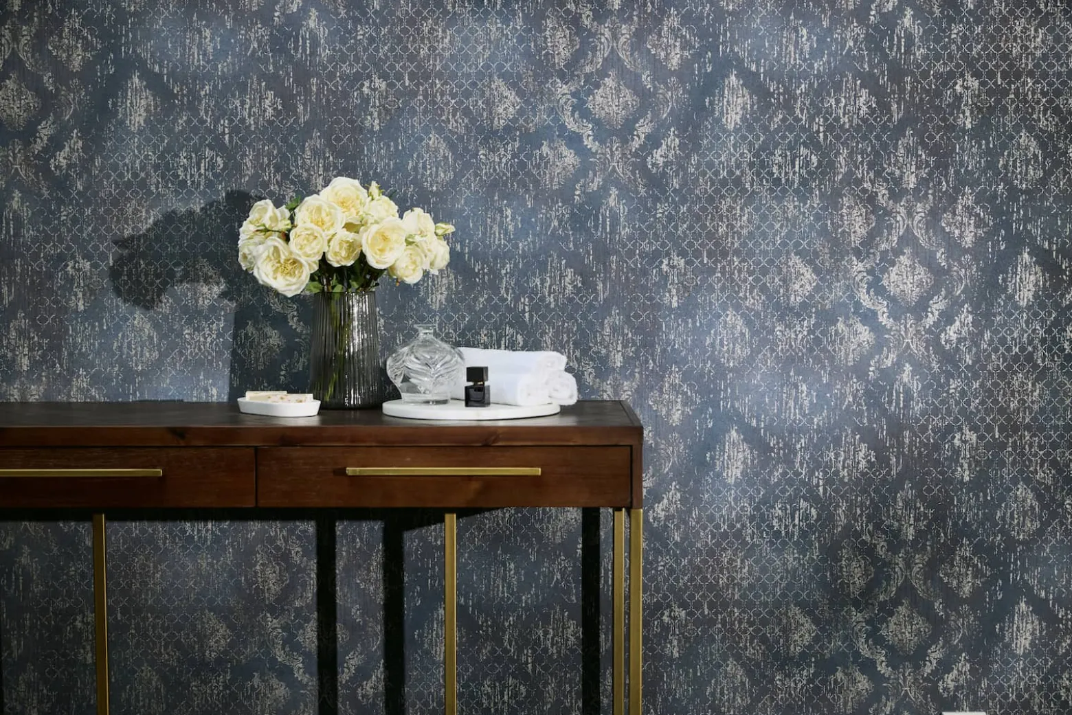 Vliestapete Barock Used-Look Blau Gold Metallic 78672-4