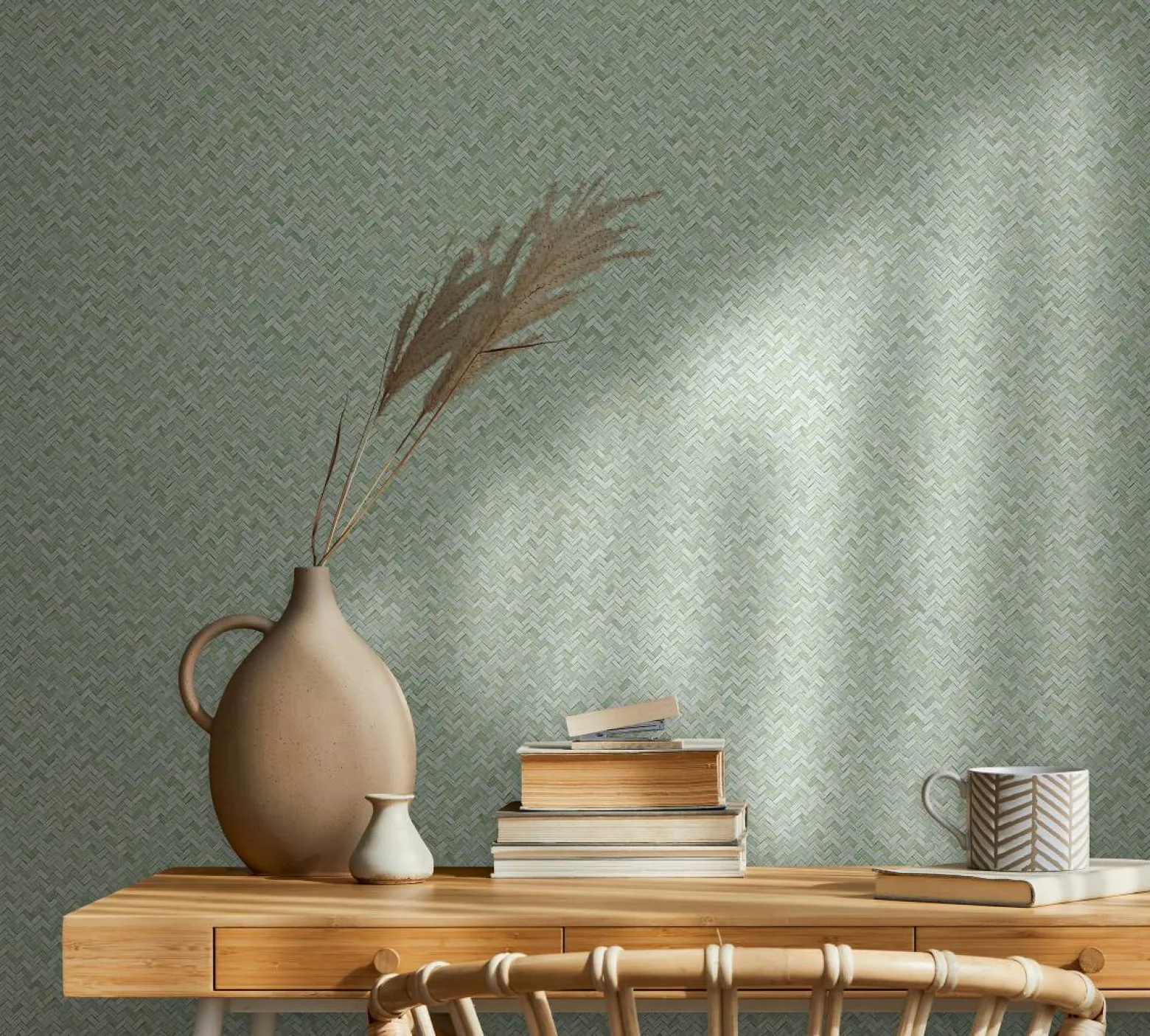 Vliestapete Bast Optik Holz Rattan Grün 47479