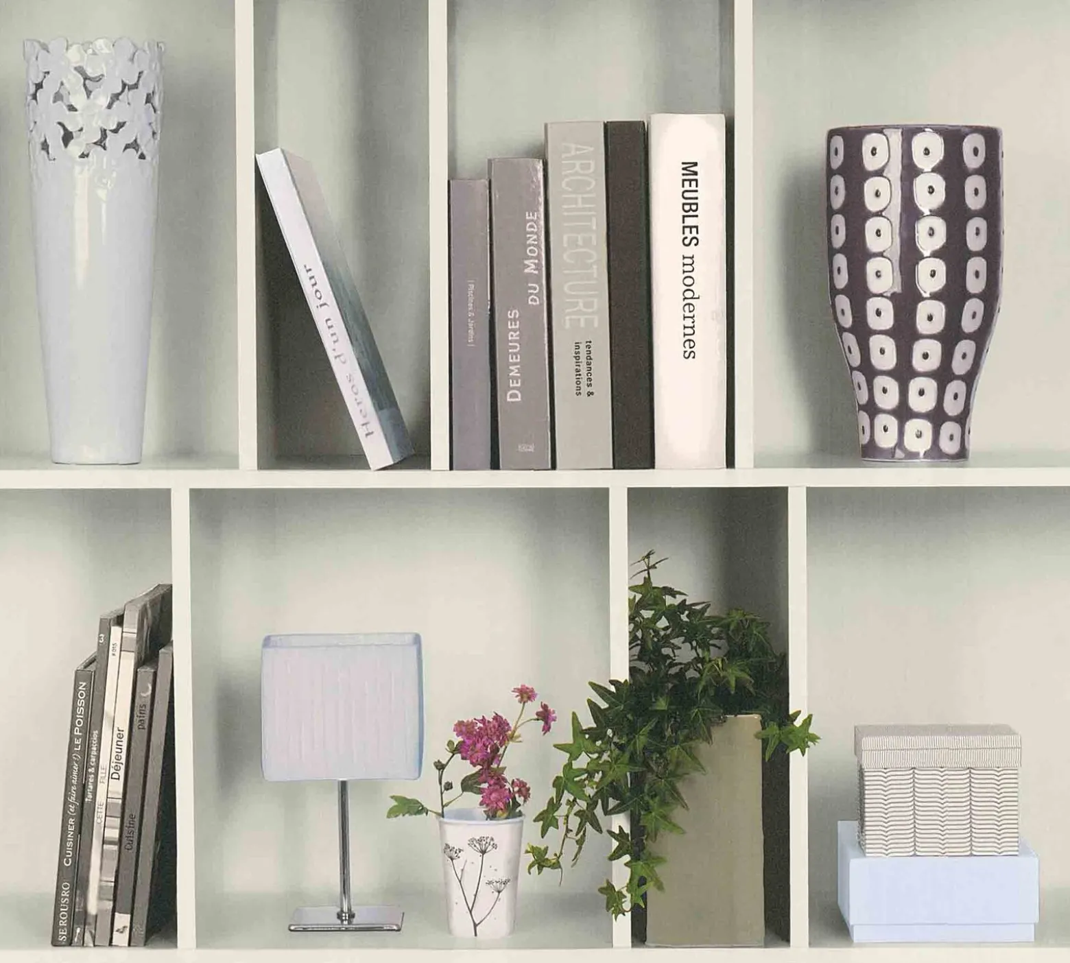 Vliestapete Bücherregal Efeu Vase weiß grün 36663-1