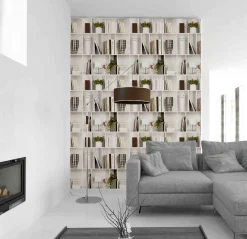 Vliestapete Bücherregal Efeu Vase weiß grün 36663-1
