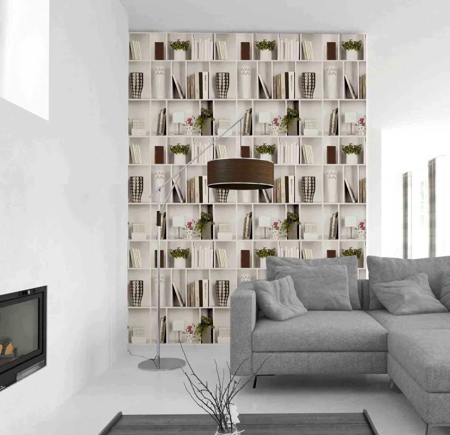 Vliestapete Bücherregal Efeu Vase weiß grün 36663-1
