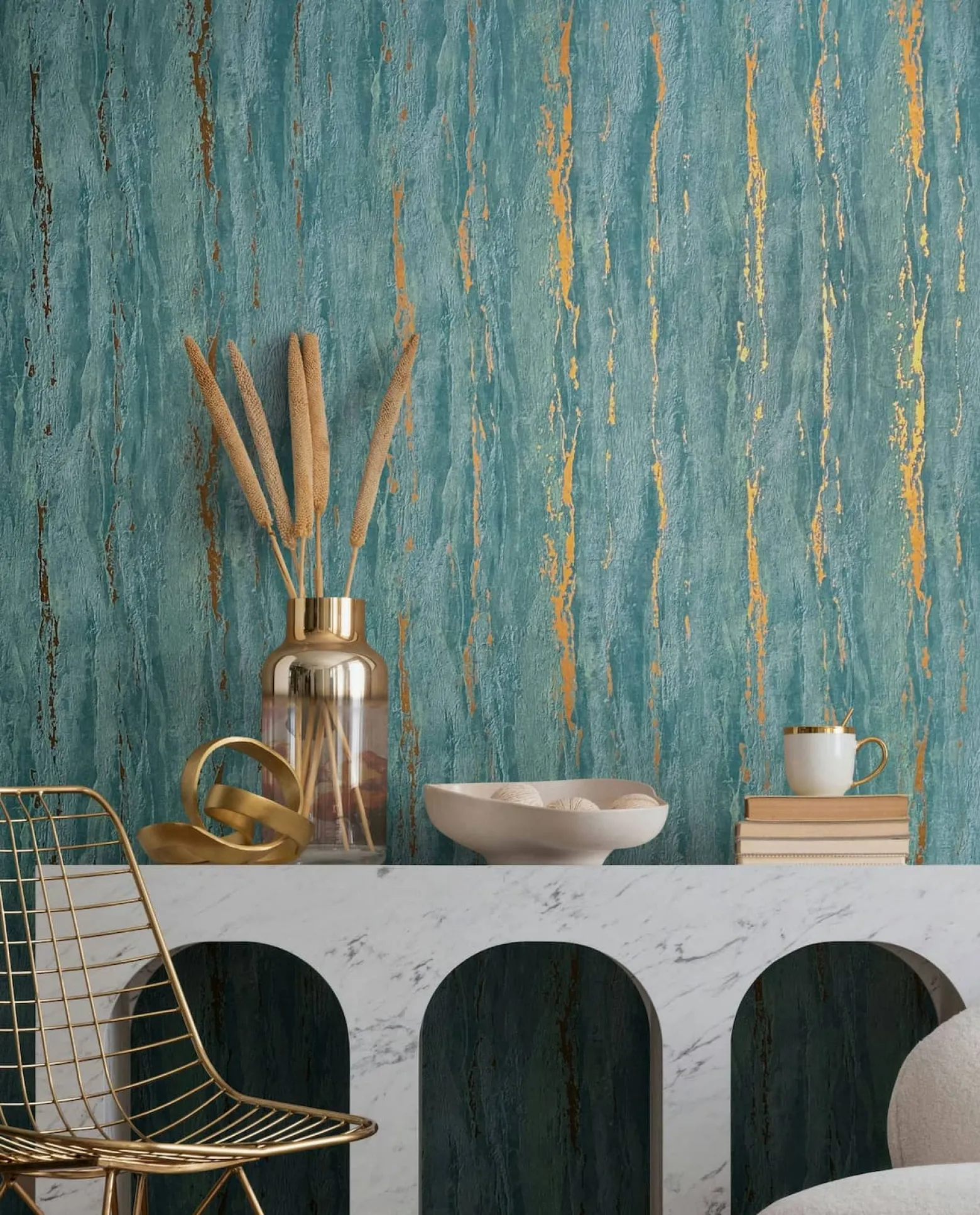 Vliestapete Betonoptik Shabby Türkis Gold Metallic 35167