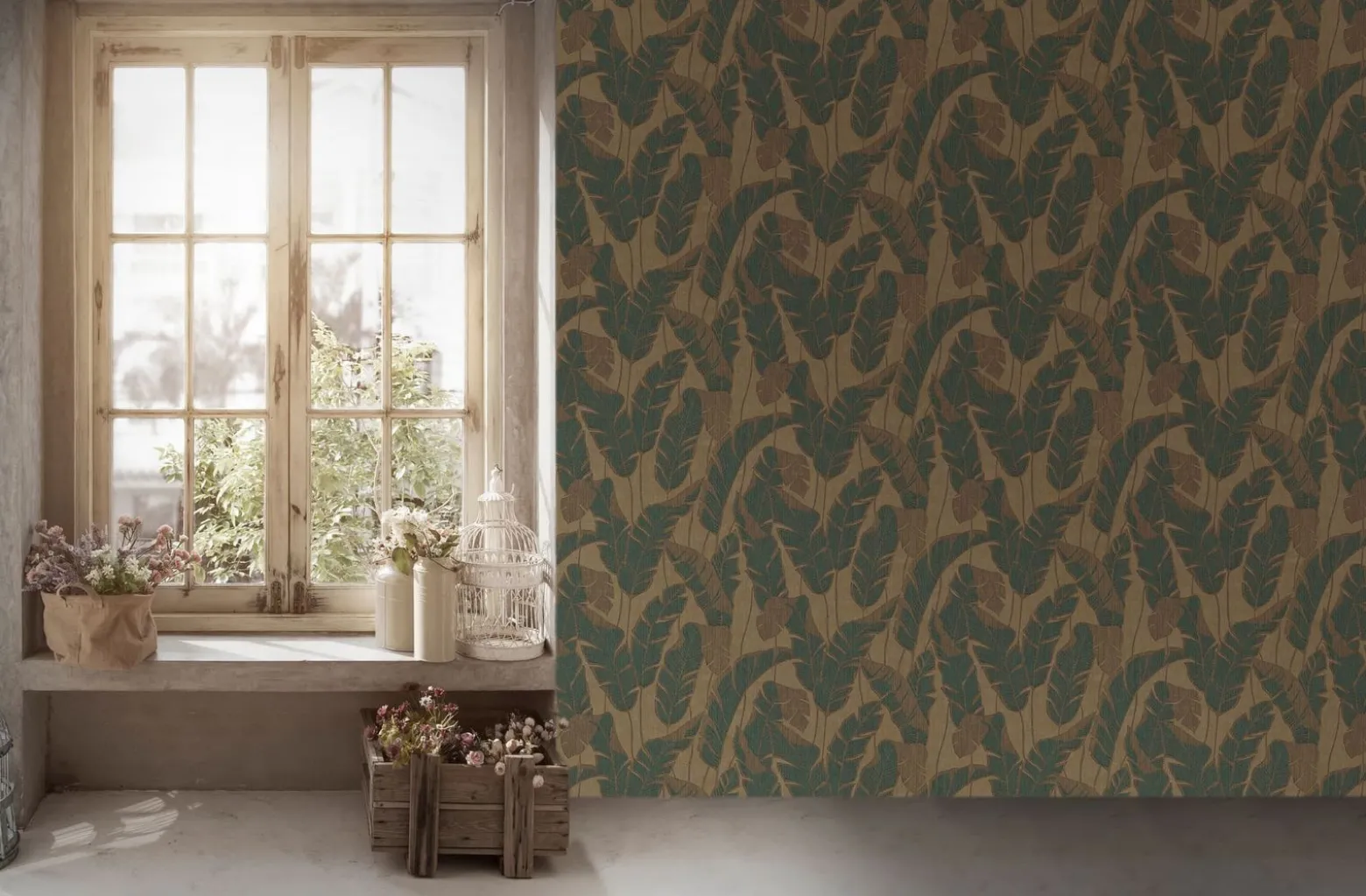 Vliestapete Blattmuster Beige Grün Gold Metallic 39502-2