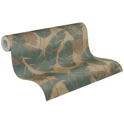 Vliestapete Blattmuster Beige Grün Gold Metallic 39502-2