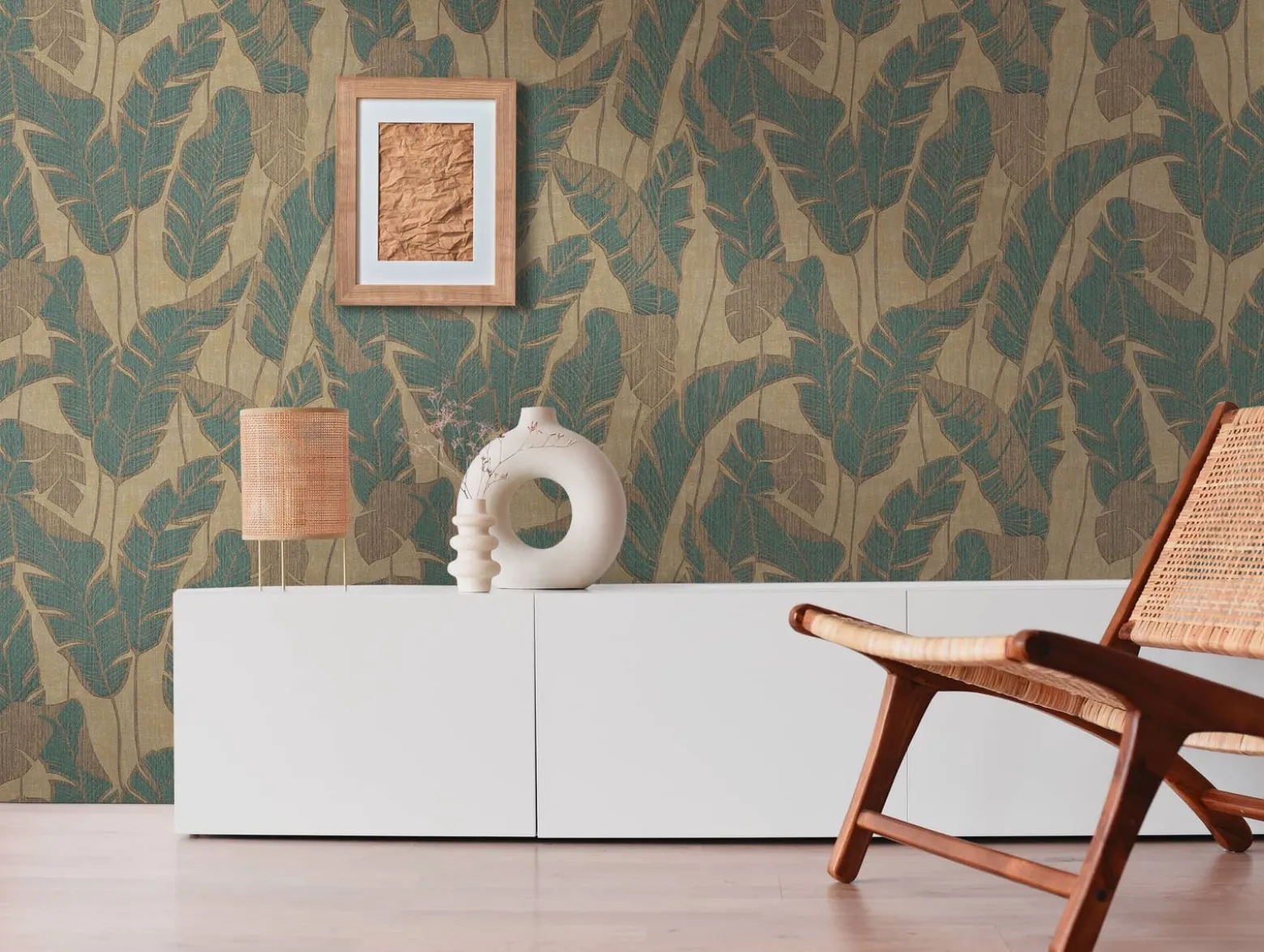 Vliestapete Blattmuster Beige Grün Gold Metallic 39502-2