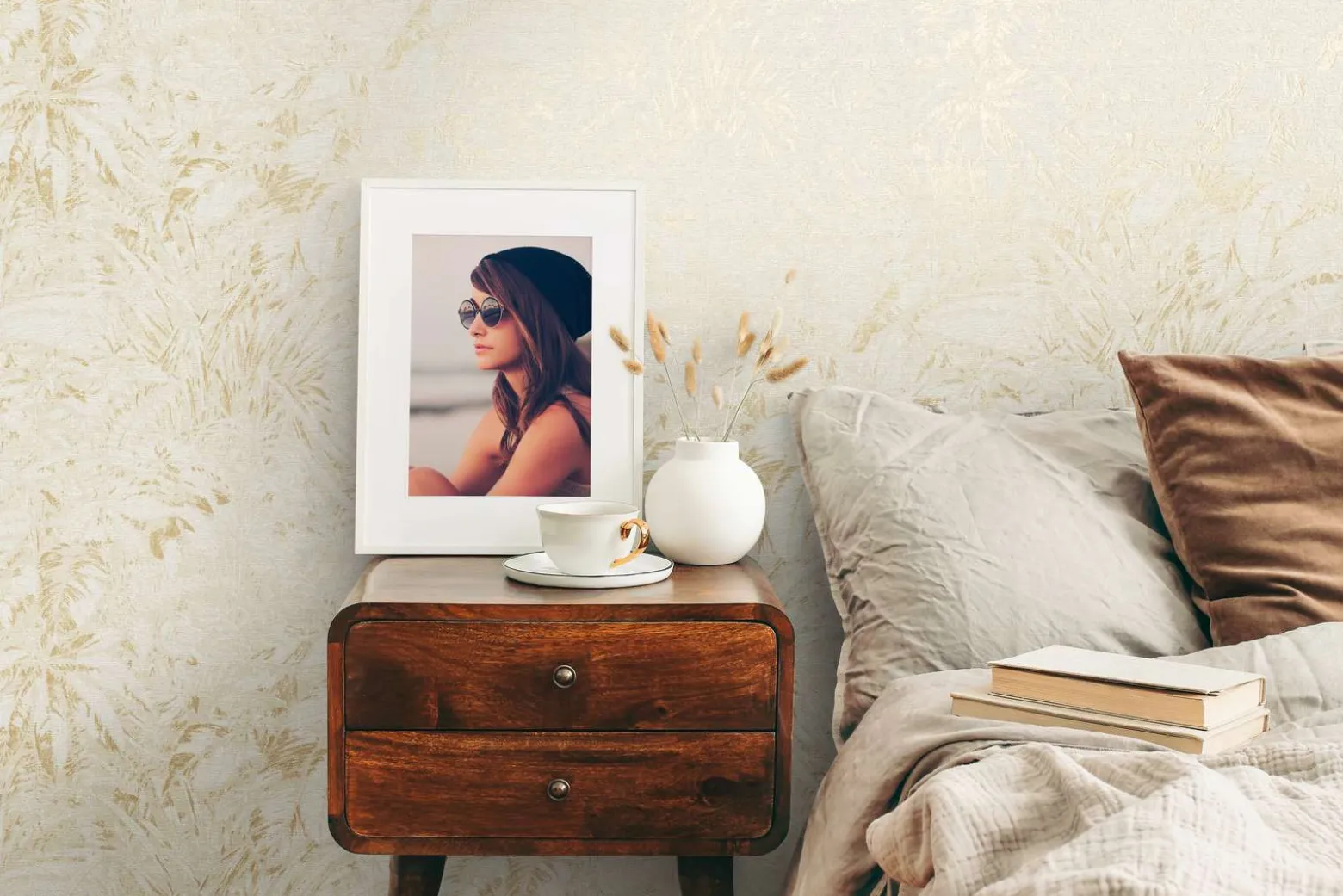 Vliestapete Blattmuster Beige Weiß Gold Metallic 39560-1