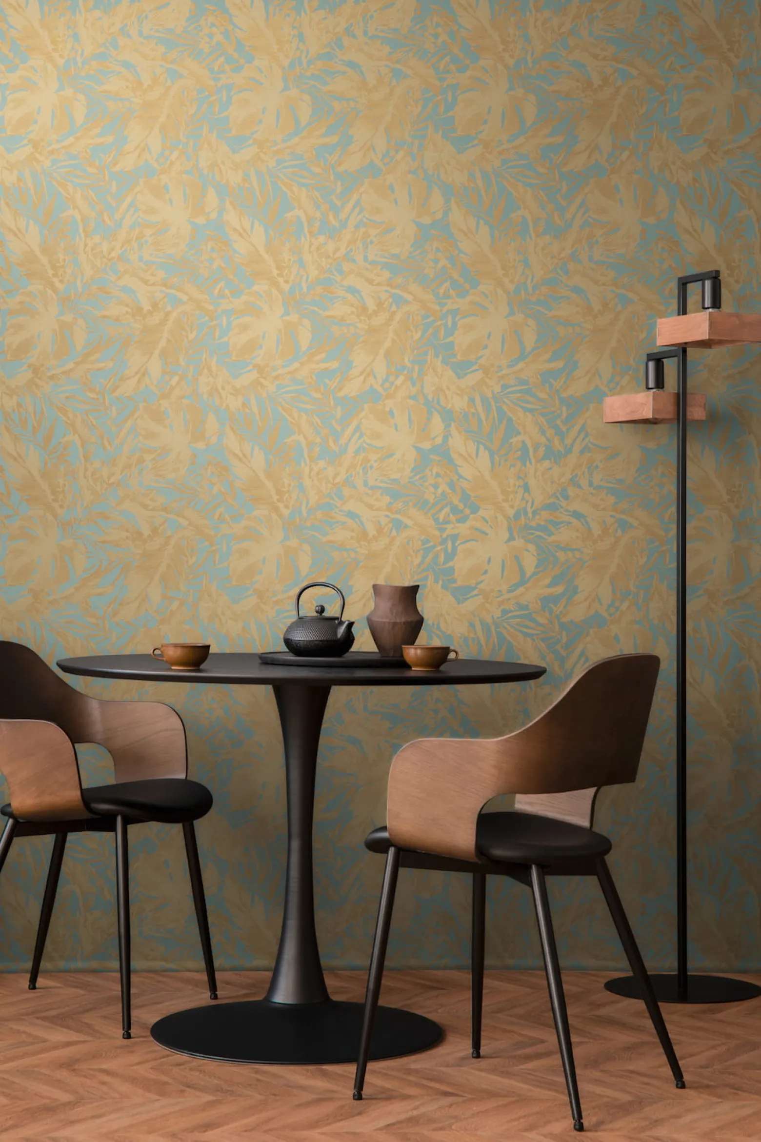 Vliestapete Blattmuster Dschungel Blau Beige 79063-2