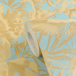 Vliestapete Blattmuster Dschungel Blau Beige 79063-2
