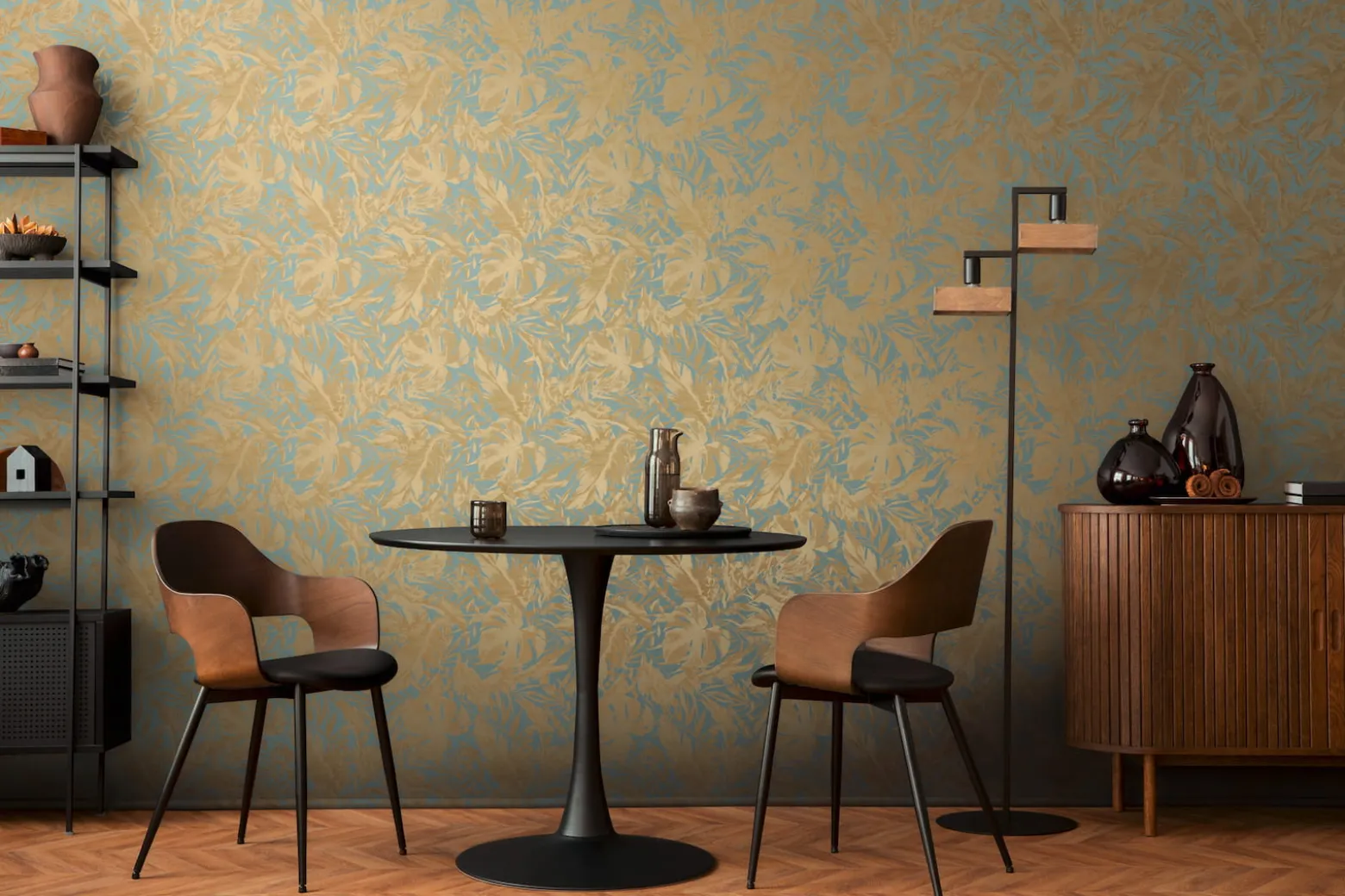 Vliestapete Blattmuster Dschungel Blau Beige 79063-2