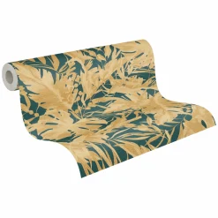 Vliestapete Blattmuster Dschungel Petrol Beige 79063-6