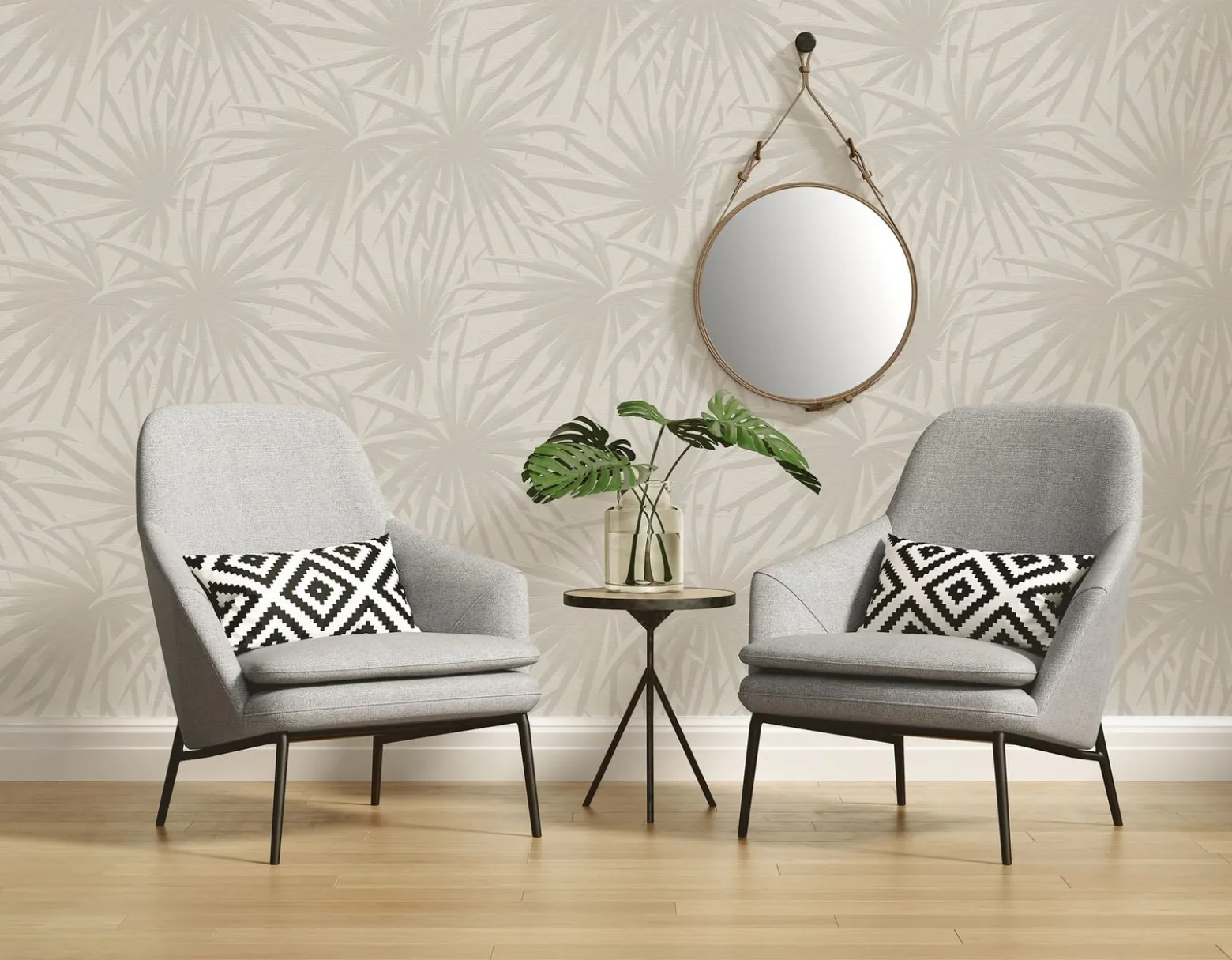 Vliestapete Blattmuster Dschungel Grau Creme 39338-1