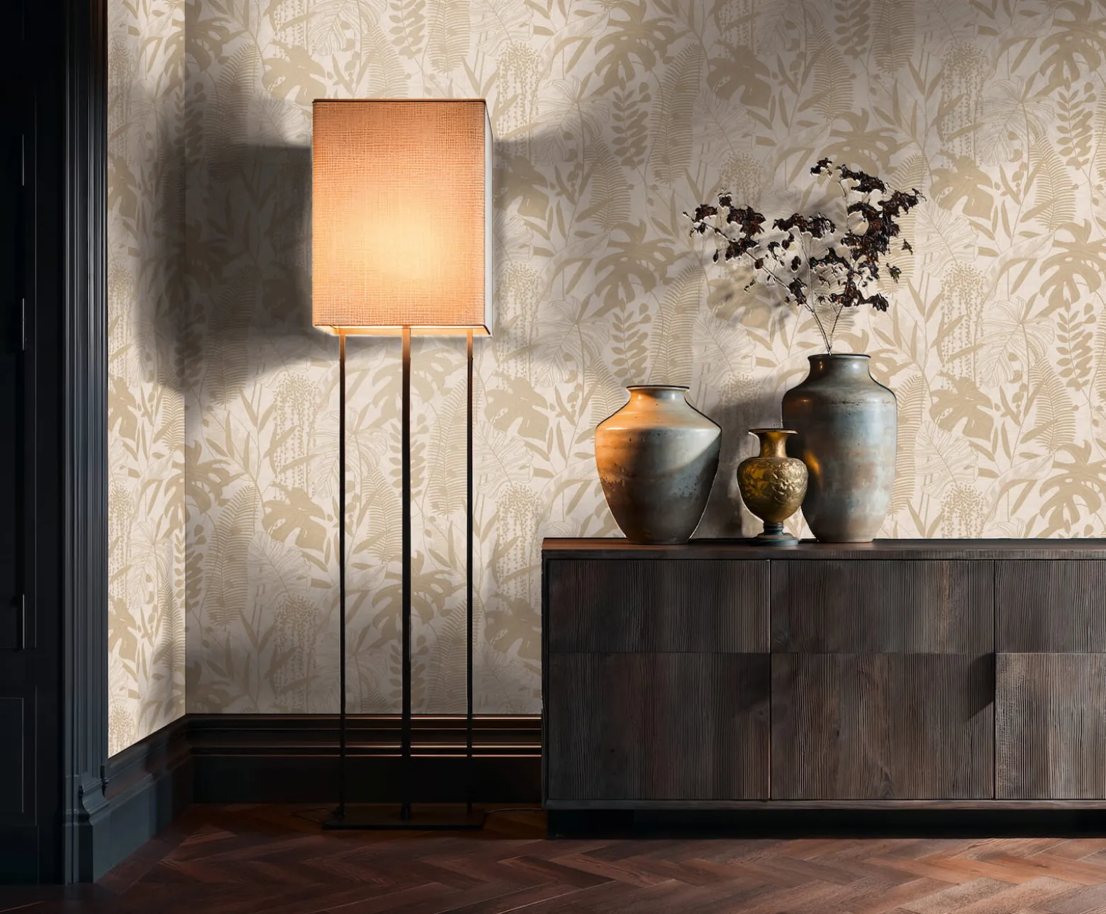 Vliestapete Blattmuster Grau Beige Metallic 79164-1