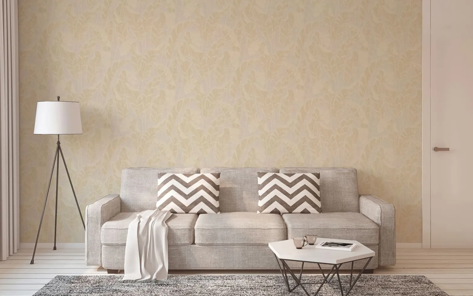 Vliestapete Blattmuster Grau Creme Gold Metallic 39502-5