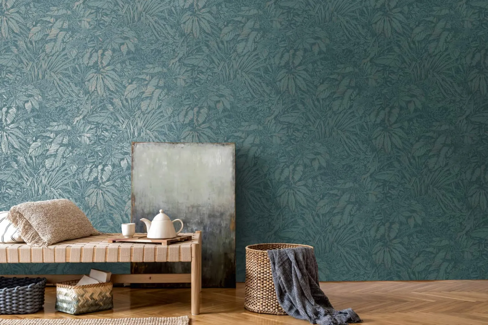 Vliestapete Blattmuster Petrol Silber Metallic 39560-3