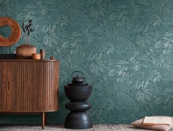 Vliestapete Blattmuster Petrol Silber Metallic 39560-3