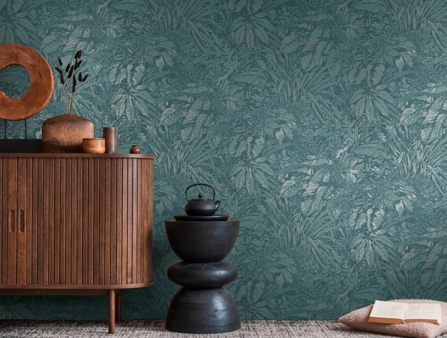 Vliestapete Blattmuster Petrol Silber Metallic 39560-3