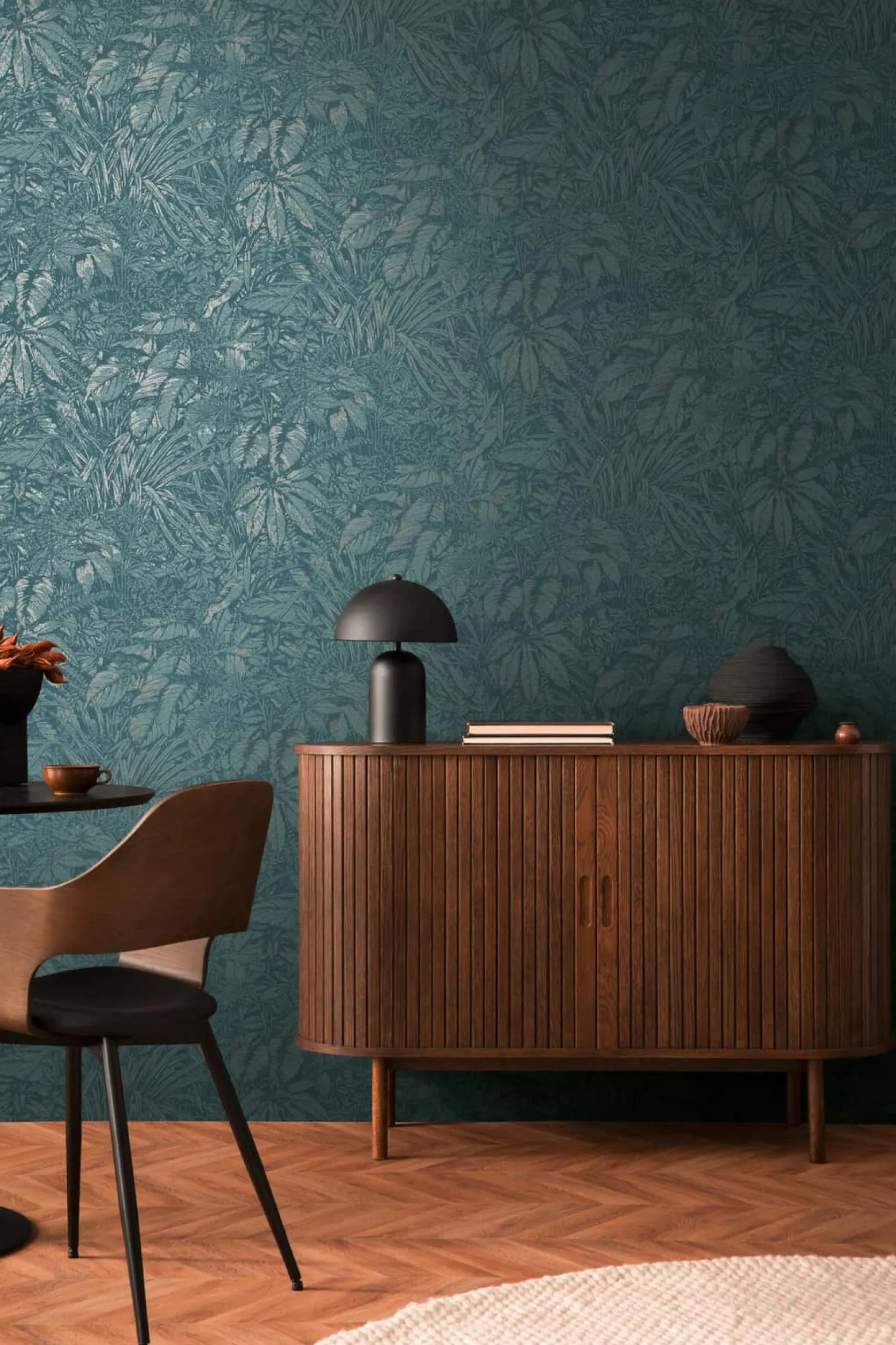 Vliestapete Blattmuster Petrol Silber Metallic 39560-3