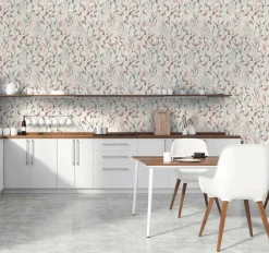 Vliestapete Blattmuster Ranken Grau Grün Rosa 39745-1