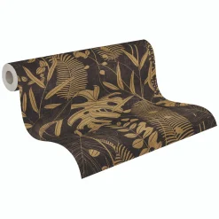 Vliestapete Blattmuster Schwarz Gold Metallic 79164-3