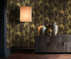 Vliestapete Blattmuster Schwarz Gold Metallic 79164-3