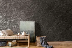 Vliestapete Blattmuster Schwarz Silber Metallic 39560-6