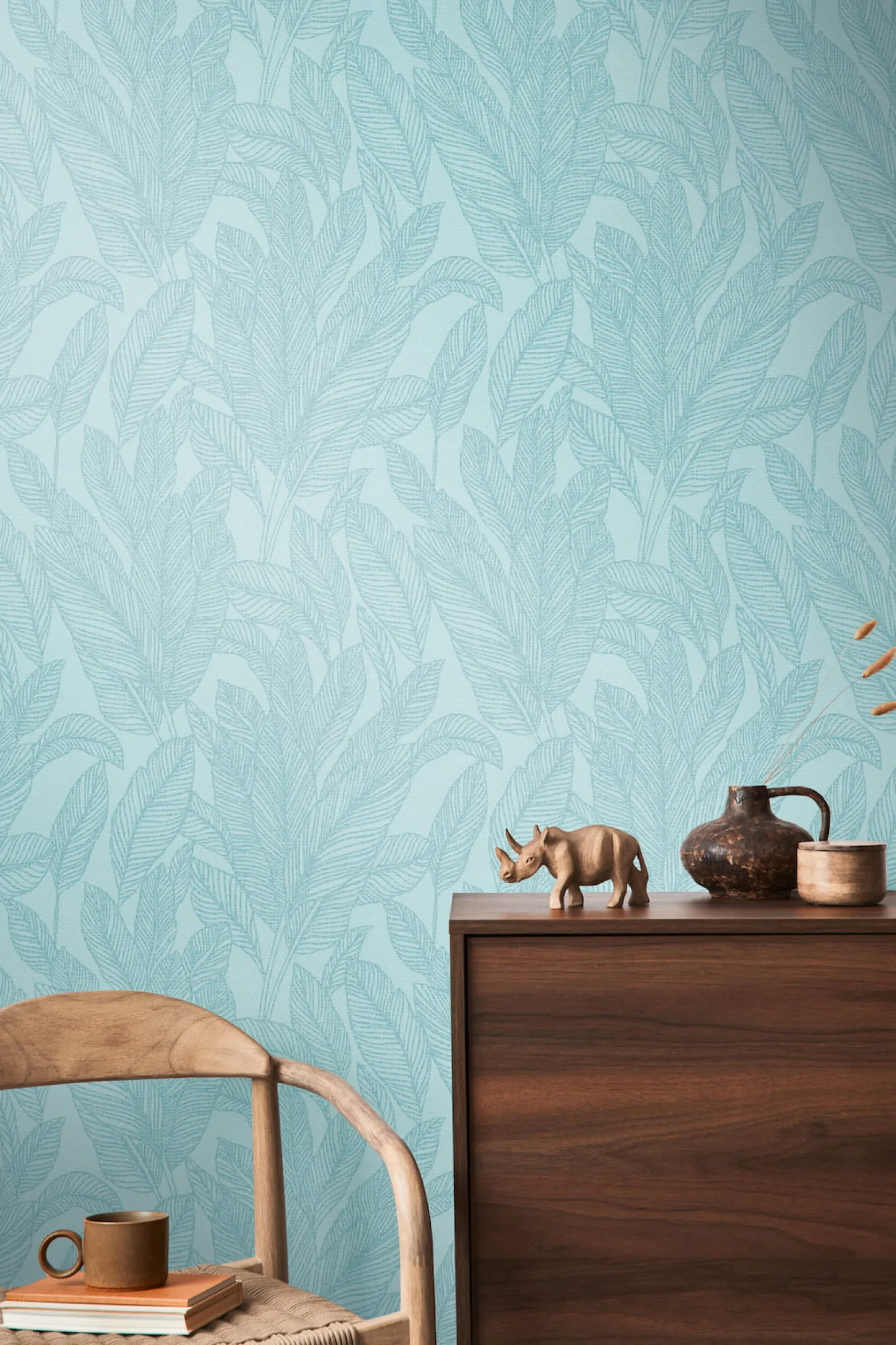 Vliestapete Blattmuster Tropen Blau Metallic 79064-3
