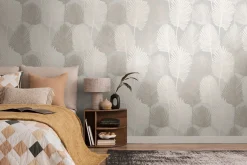 Vliestapete Blattmuster Tropen Grau Creme Glanz 78673-2