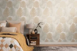 Vliestapete Blattmuster Tropen Grau Beige Glanz 78673-1