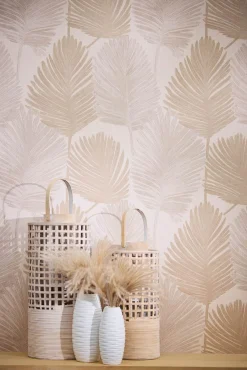 Vliestapete Blattmuster Tropen Grau Beige Glanz 78673-1