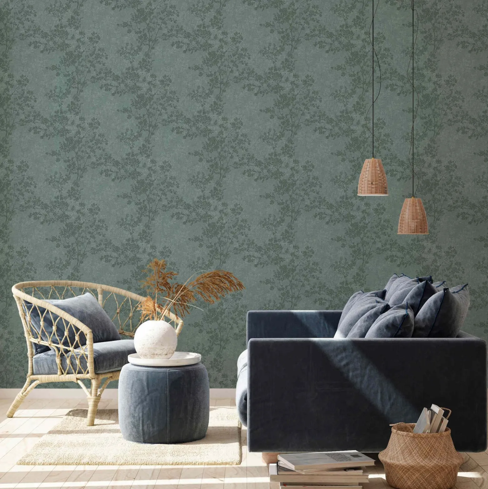 Vliestapete Blütenzweige grün creme 37397-3