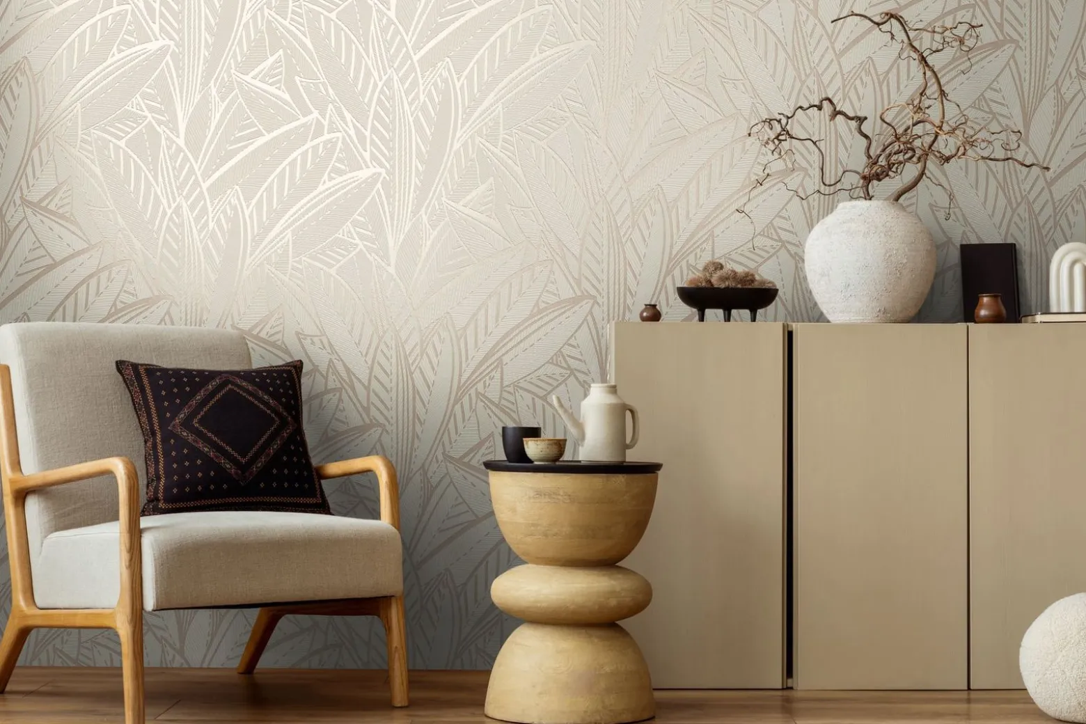 Vliestapete Blätter Abstrakt Grau Creme Metallic 39933-3