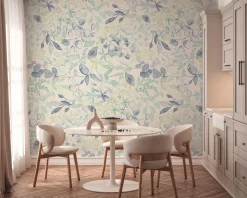 Vliestapete Blätter Aquarell Weiß Blau Grün 39692-1