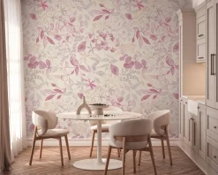Vliestapete Blätter Aquarell Weiß Rosa Grau 39692-2