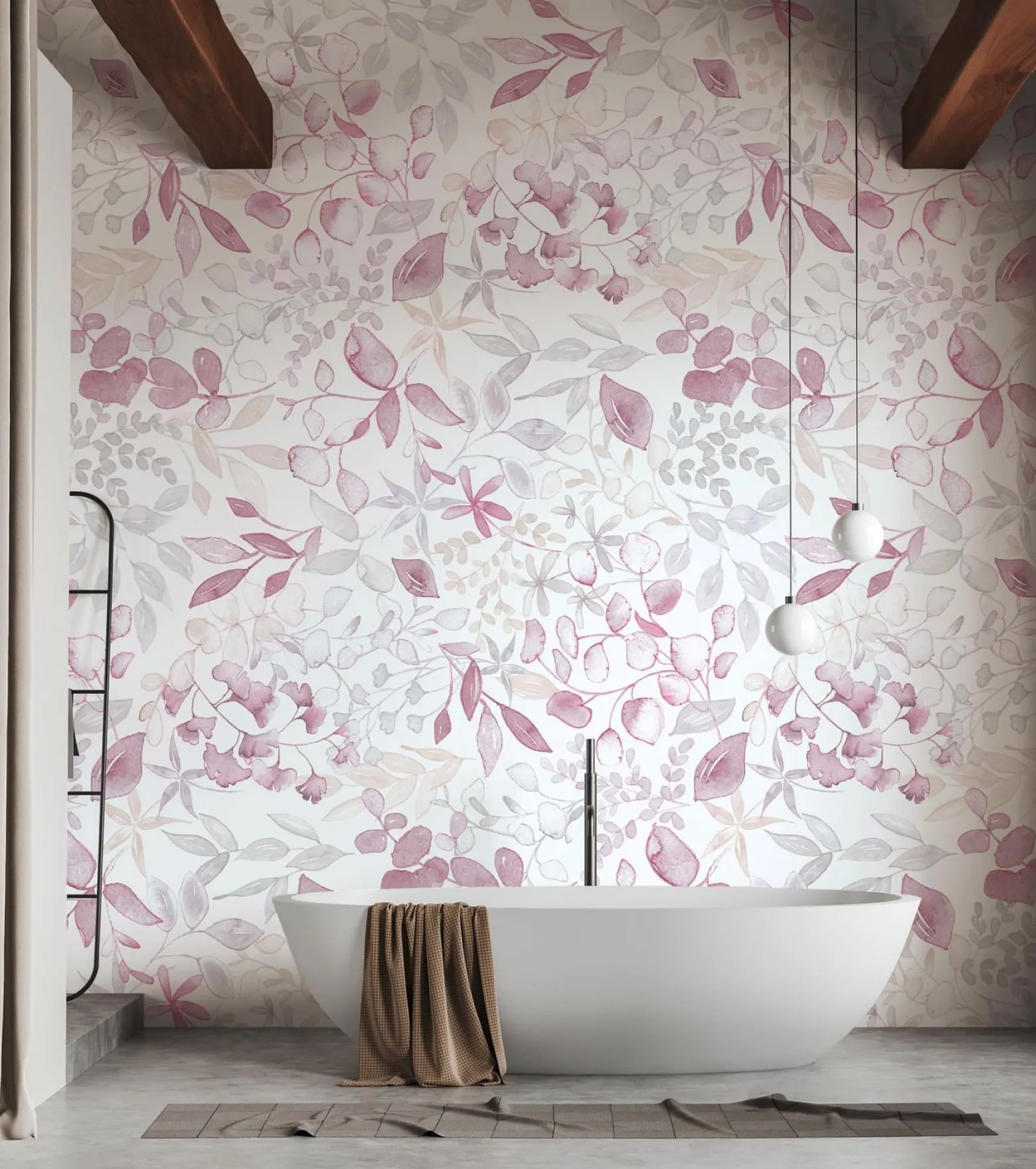 Vliestapete Blätter Aquarell Weiß Rosa Grau 39692-2