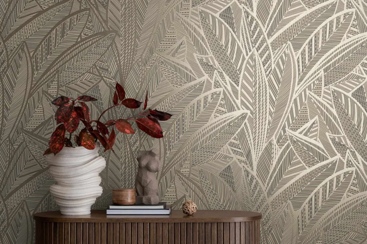 Vliestapete Blätter Beige Schwarz Metallic 39933-2