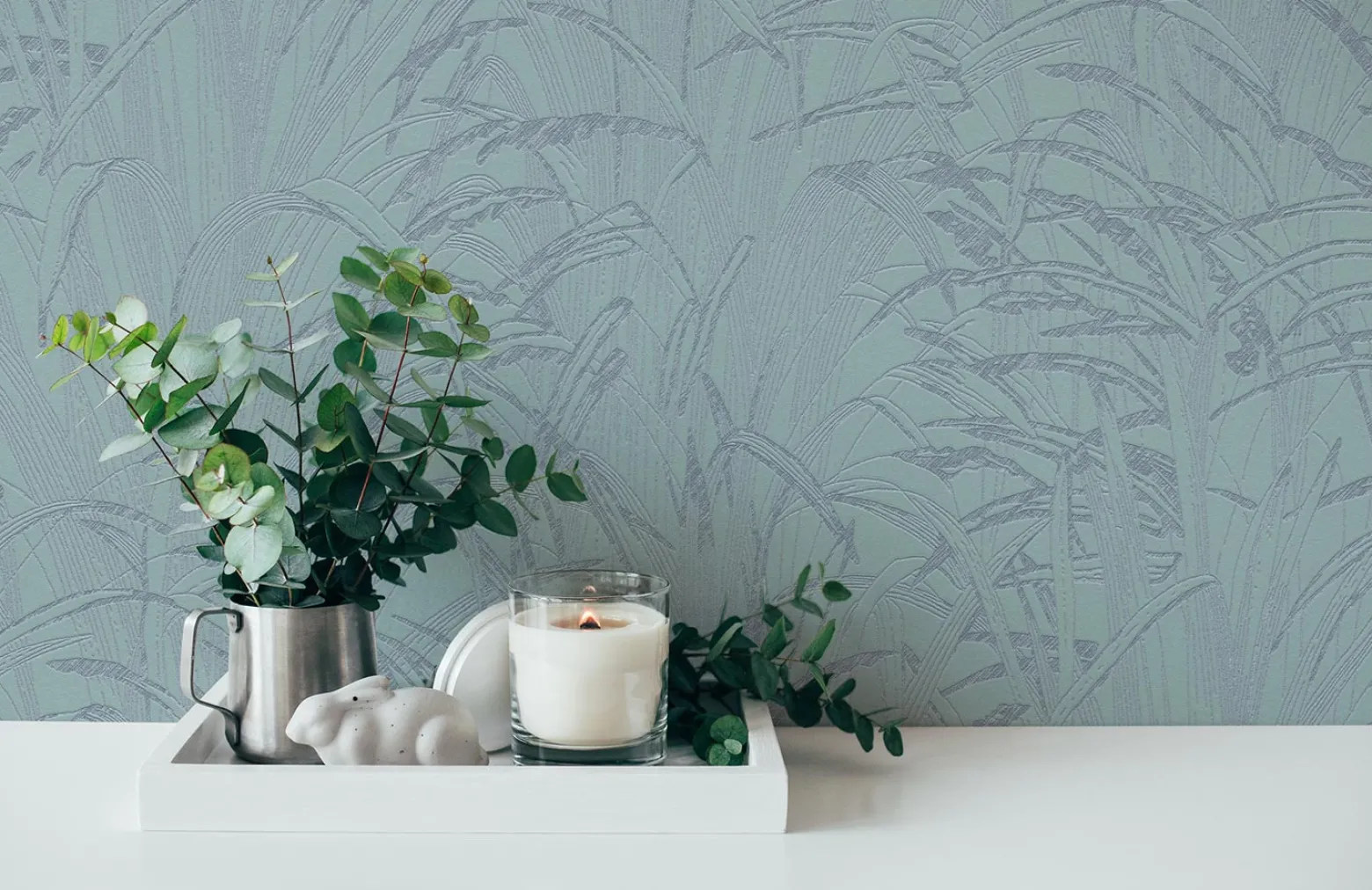 Vliestapete Blätter Blau Silber Metallic 38600-4