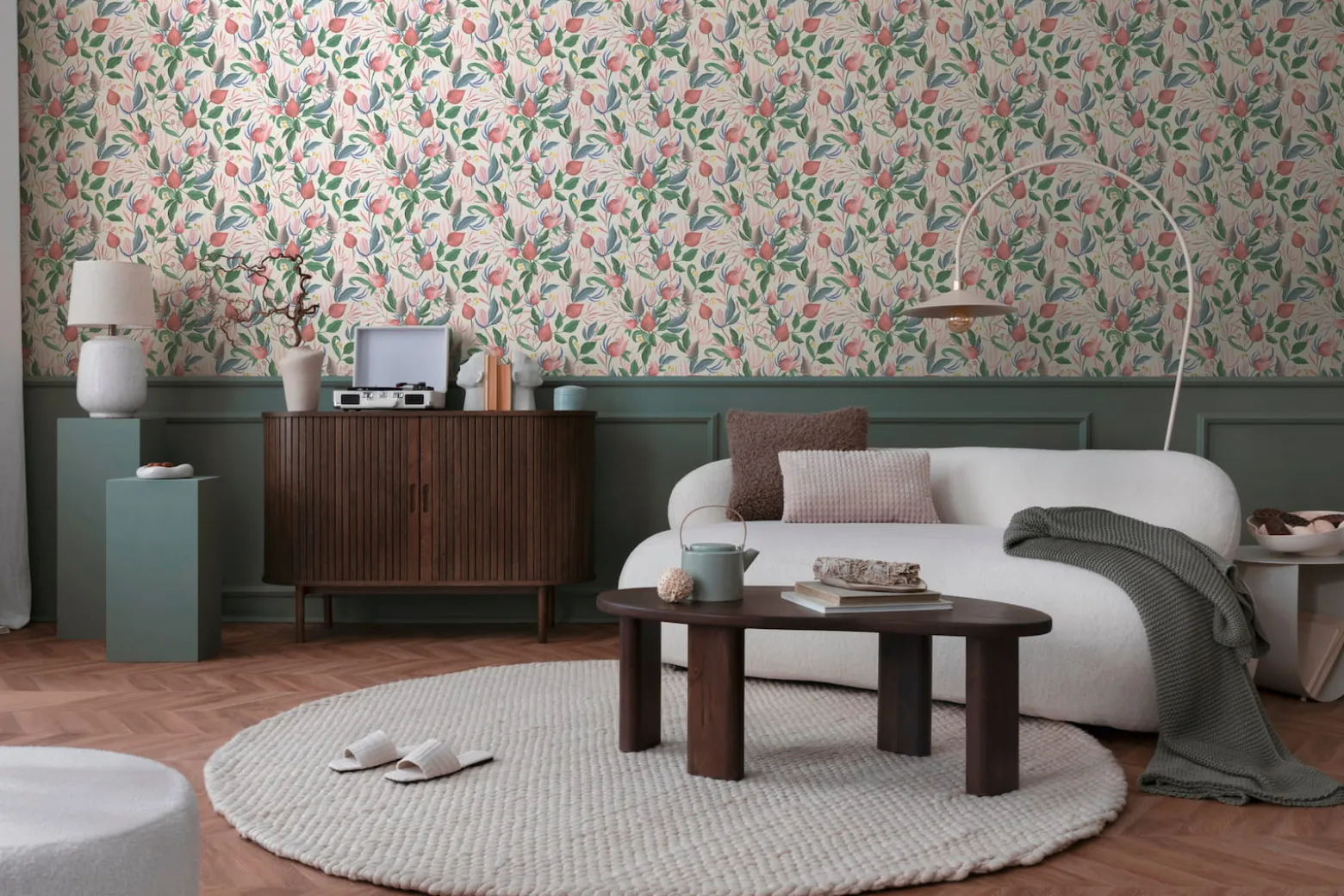 Vliestapete Blätter Blumen Creme Rosa Grün 79062-5